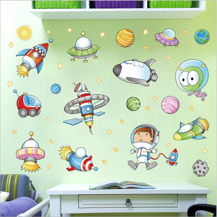 Decal dán tường cho bé trai tranh vũ trụ, tên lửa trang trí phòng siêu đẹp AmyShop -decalhcm