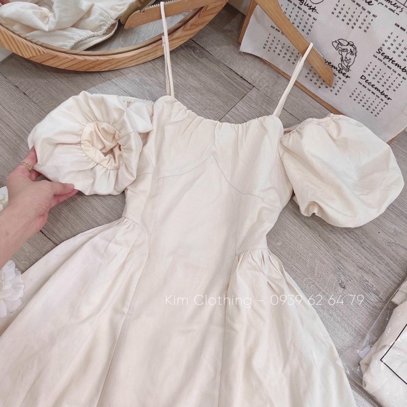 Đầm nude tay bồng rớt vai mặc được 2 kiểu tùng xoè xinh xắn [kèm hình thật]