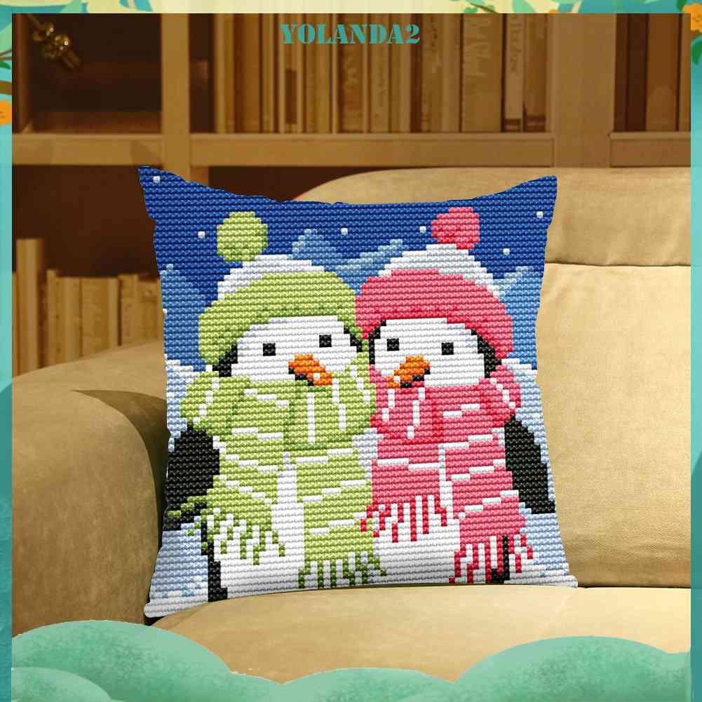 Vỏ Gối Thêu Chữ Thập DIY 11CT Hình Chim Cánh Cụt Xinh Xắn