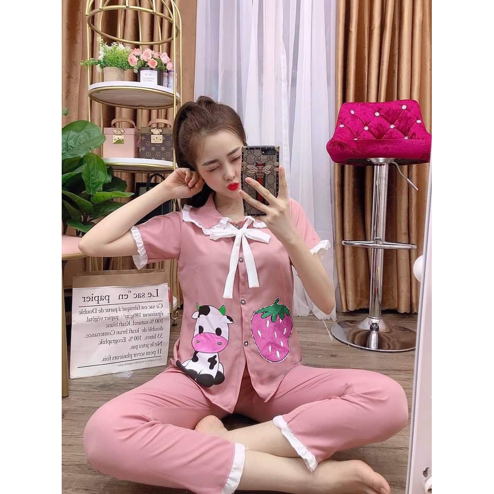 Đồ Bộ Pijama Dài Phối Hai Túi Tiểu Thư Xinh Xắn, Vải Kate Lụa Mềm Mịn Thoáng Mát, Freesize Dưới 57kg