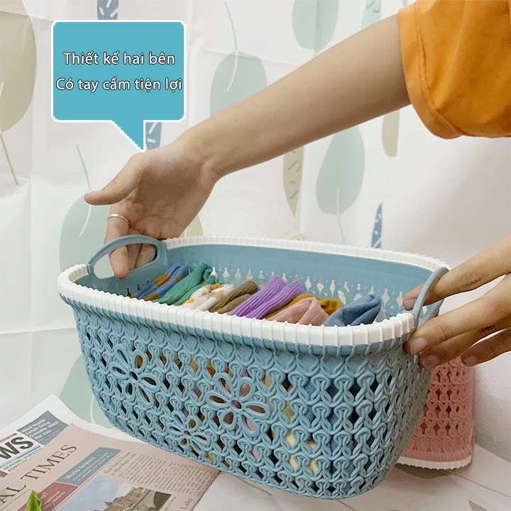Rổ Nhựa Đan Giả Mây Có Quai Cầm Việt Nhật, Giỏ Đan Hàn Quốc Đựng Mỹ Phẩm, Vật Dụng Nhỏ Gọn - MS3377