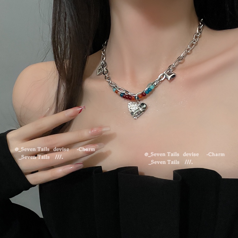 Vòng Cổ Choker Xương Quai Xanh Đính Hạt Hình Trái Tim Nhiều Màu Sắc Y2K Dành Cho Nữ
