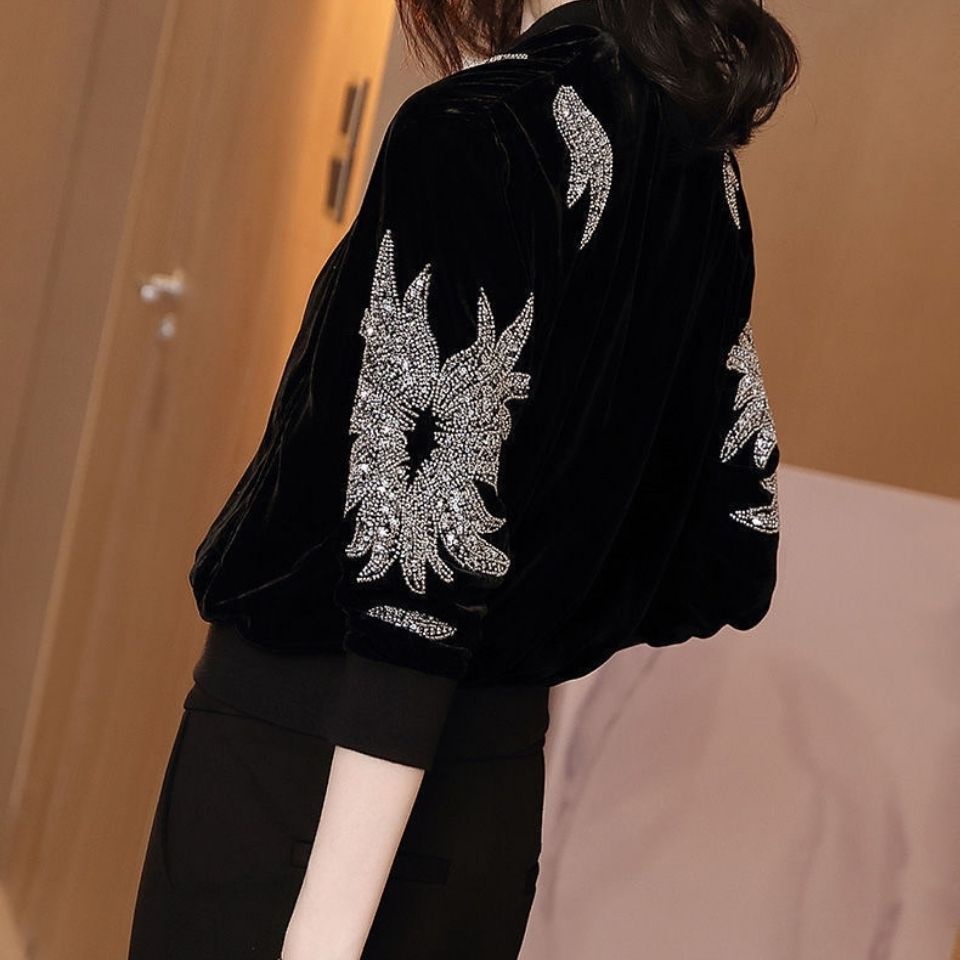 Gold velvet jacket women's 2022 Spring and Autumn new sequins black cardigan baseball shirt women's trend