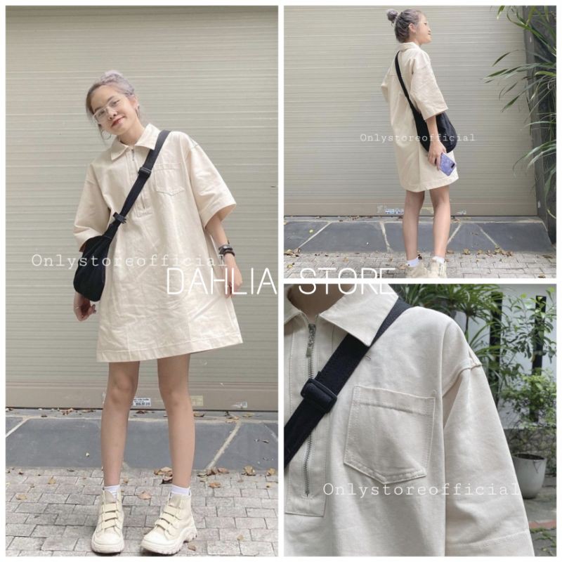 Đầm suông cổ đức khóa kéo nữ - Váy phông thun tay lửng form sơmi rộng oversize bánh bèo tiểu thư HOT | BigBuy360 - bigbuy360.vn