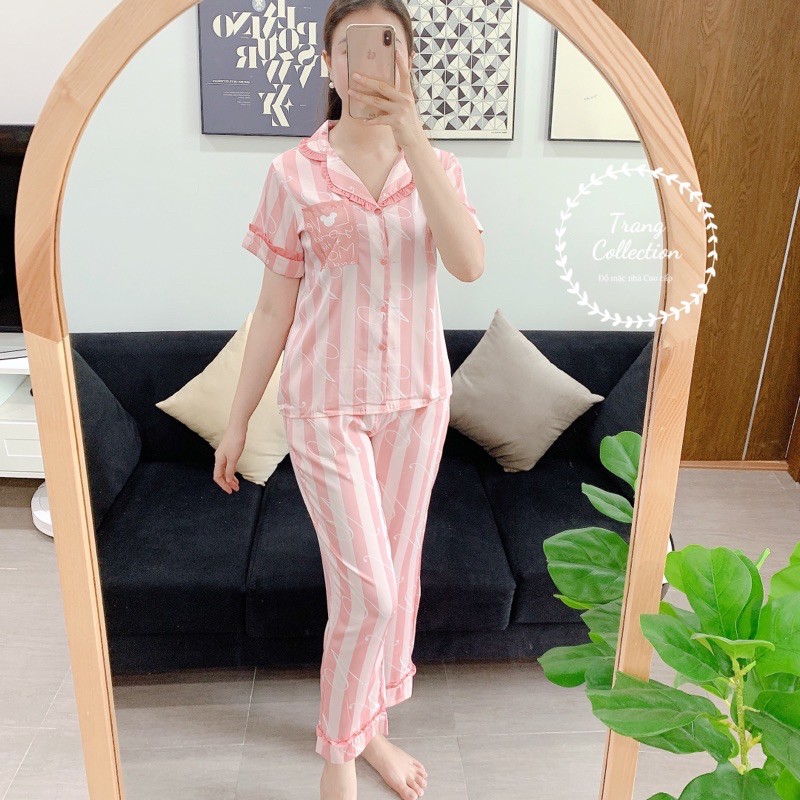 Đồ ngủ Pijama, đồ mặc ở nhà chất mát màu hồng hoạ tiết sọc sang chảnh ( video thật, ảnh thật )