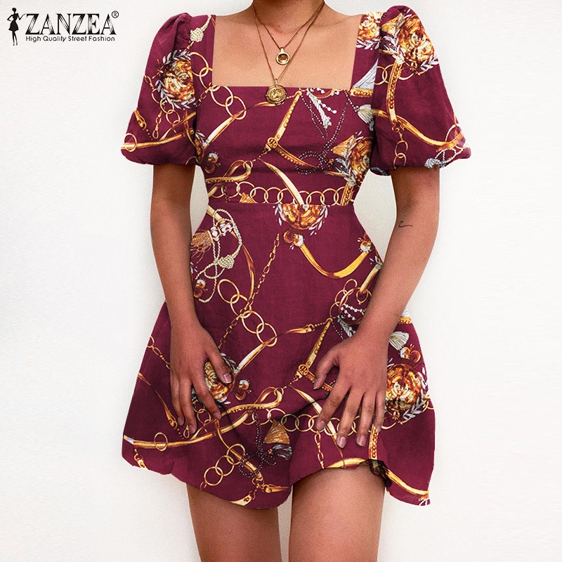 Đầm ngắn ZANZEA thời trang tay phồng cổ áo vuông họa tiết dây mắt xích in giản đơn dành cho nữ
