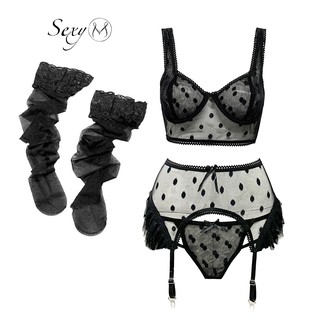 Set đồ lót ren chấm bi gồm áo quần và kẹp tất SA119 Sexy M