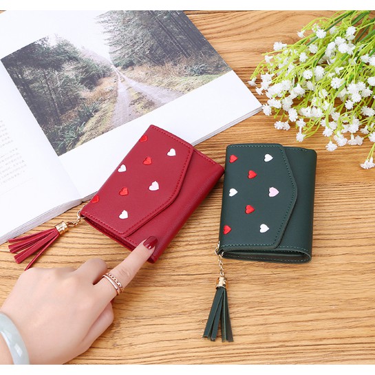 VÍ BÓP NỮ MINI THÊU TIM TUA RUA