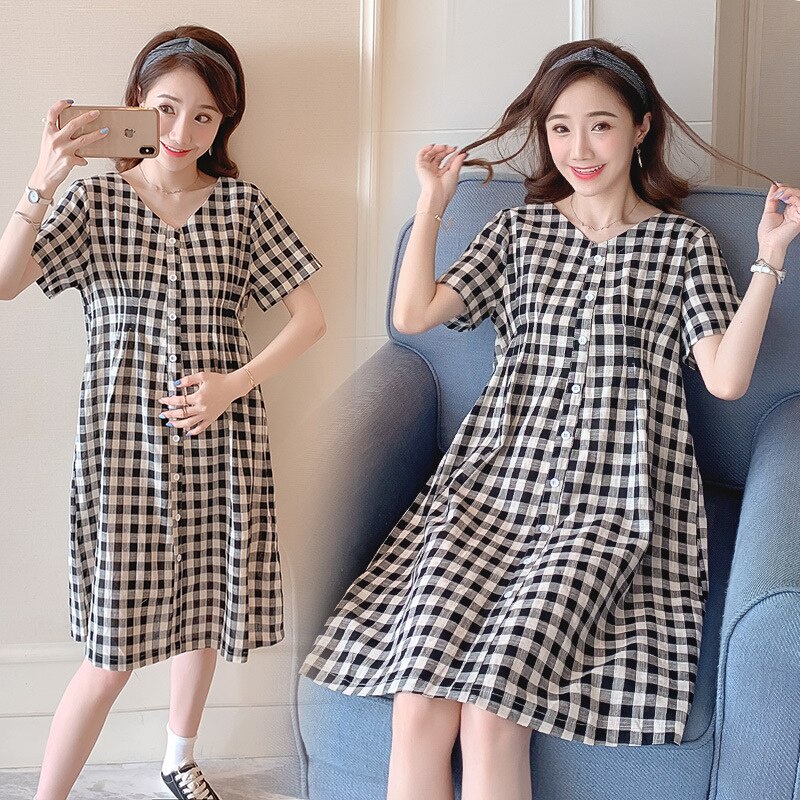 Đầm tay ngắn cổ chữ V dáng rộng họa tiết kẻ sọc thời trang mùa hè cho mẹ bầu