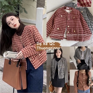 Áo khoác dạ tweed kẻ đỏ/Đen sang chảnh Áo khoác dạ Hàn Quốc