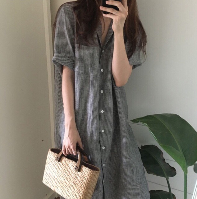 sẵn Đầm sơ mi kẻ sọc oversize - váy bigsize dáng suông dài | BigBuy360 - bigbuy360.vn