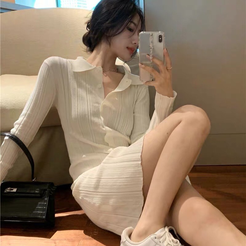 (ảnh thật) Váy đầm len cổ bẻ gài nút sexy phong cách Châu Âu kiểu dáng ôm
