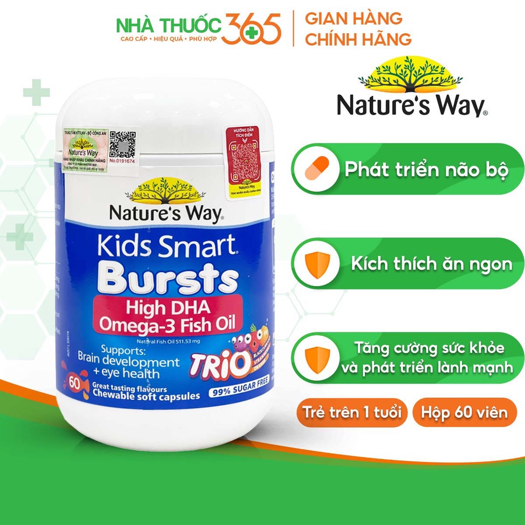 Viên Uống Dầu Cá Nature's Way Omega-3 Fish Oil Trio Bổ Sung DHA Cho Bé Phát Triển Trí Tuệ Cho Bé - Hộp 60 Viên