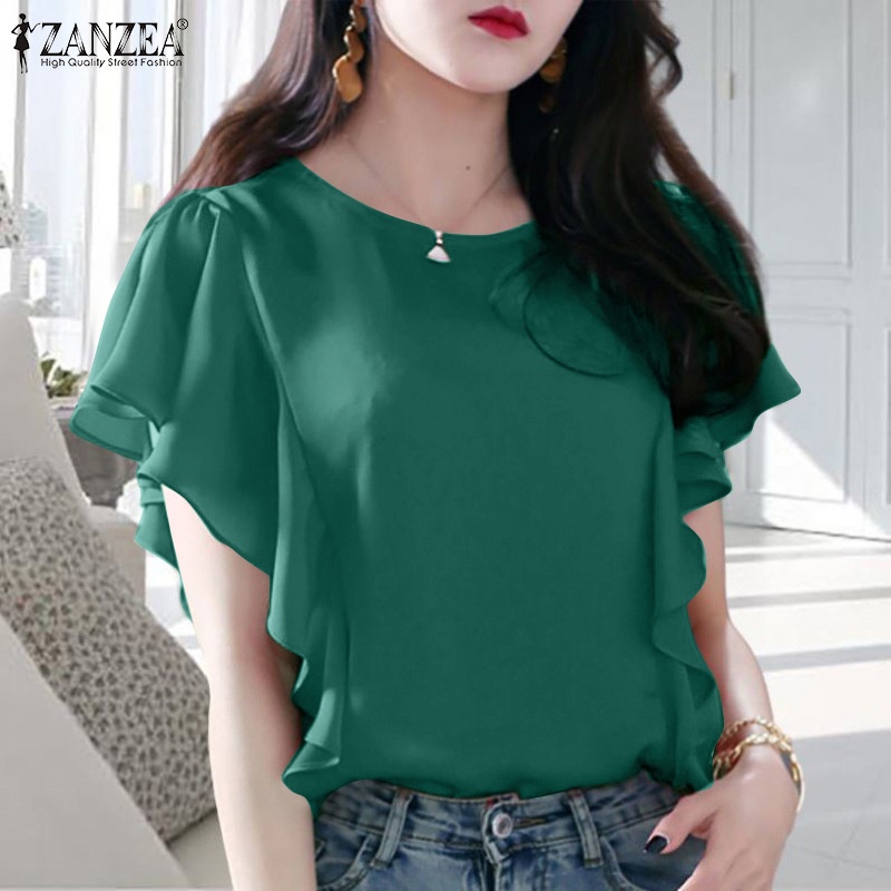 Zanzea Áo Nữ Tay Ngắn Cổ Thuyền Viền Bèo Thời Trang