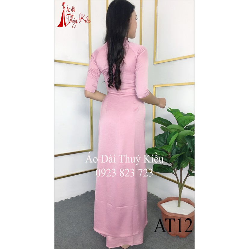 Áo dài Thúy Kiều lụa Tây Thi cổ tàu nền hồng thêu hoa cúc  AT12