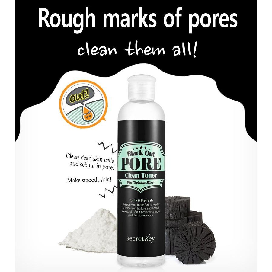Nước hoa hồng làm sạch da, se khít lỗ chân lông Secret Key Black Out Pore Clean Toner 250ml