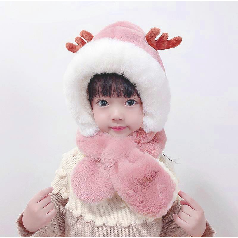 Mũ len cho bé trai gái chùm đầu kem khăn dễ thương mùa đông cực ấm có hai sừng hươu