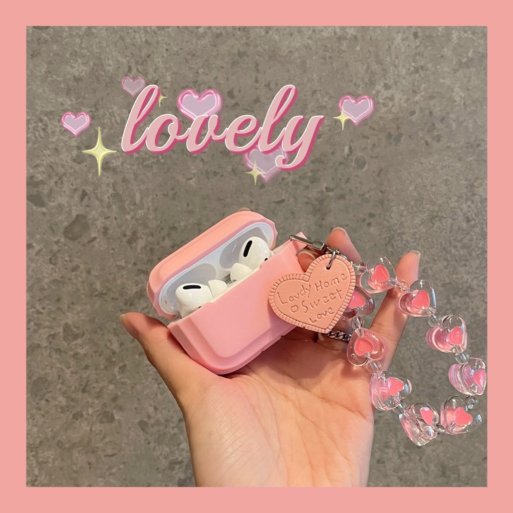 Vỏ bọc TPU mềm bảo vệ hộp sạc tai nghe airpods 1/2 pro bluetooth màu hồng phối dây đeo dễ thương