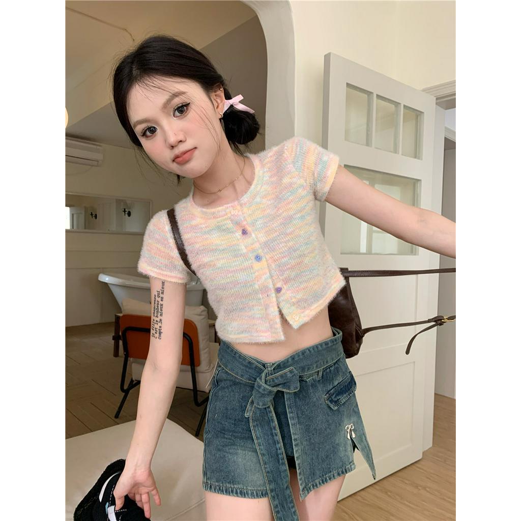 Áo Thun Dáng Ôm Ngắn Tay Phối Màu Cầu Vồng Thời Trang Cá Tính 63686