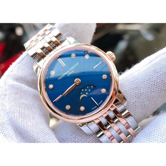 Đồng hồ nam  ⌚ Frederique Constant Slimline Moonphase Blue Dial Demi Rose Ladies Watch  - model : FC-206ND1S2B