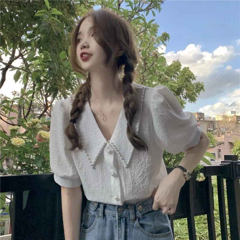 Áo Sơ Mi Chiffon Tay Phồng Cổ Búp Bê Màu Trắng Thời Trang Mùa Hè Ngọt Ngào Dành Cho Bạn Nữ