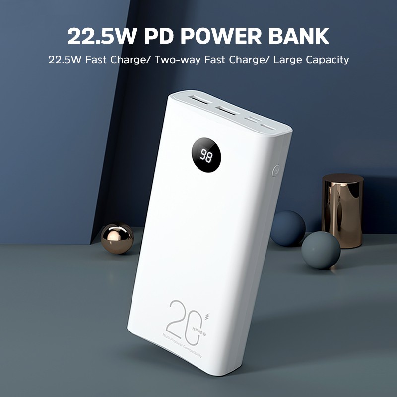 Pin dự phòng 20000mah sạc nhanh Kivee hỗ trợ giao tiếp USB / Type-C / Lightning, tích hợp đèn LED dung lượng