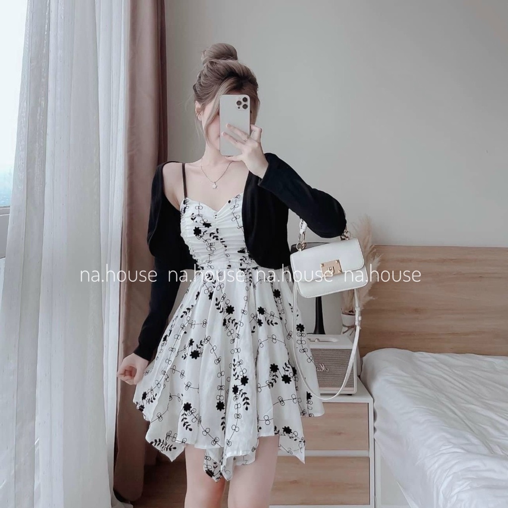 SET ĐẦM HOA HAI DÂY KÈM ÁO KHOÁC ĐEN ĐI CHƠI ĐI TIỆC NAHOUSE SET HAI CHI TIẾT THIẾT KẾ XINH XẮN VÀ SANG TRỌNG