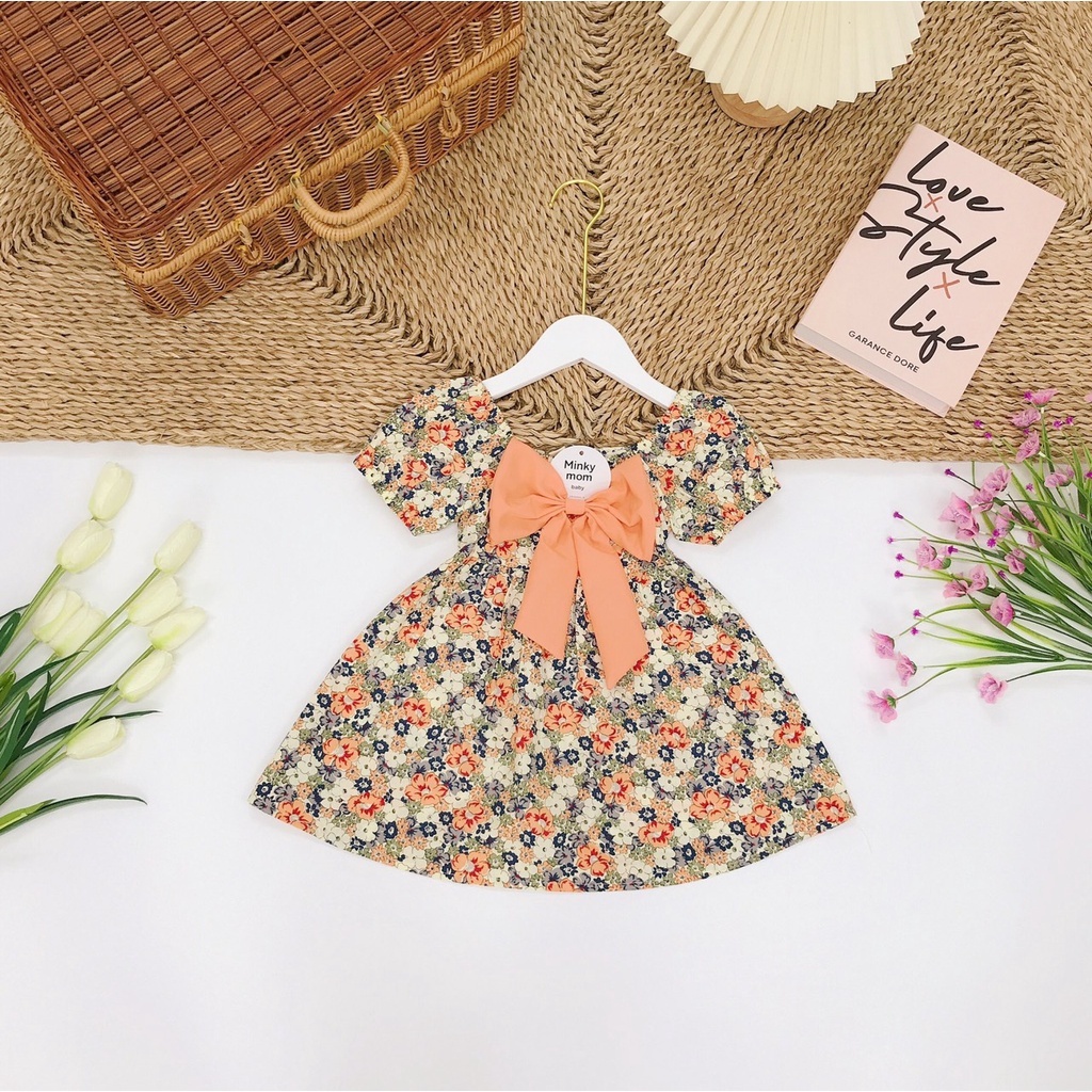 Váy hoa thắt nơ ngực chất thô lụa mềm mịn cho bé gái 8-22kg