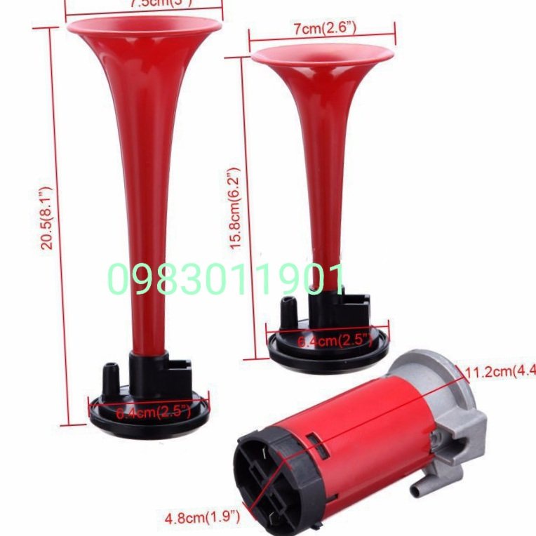Còi sinh hơi 2 loa đỏ, còi hơi cho xe không có bình hơi điện 12v và 24v