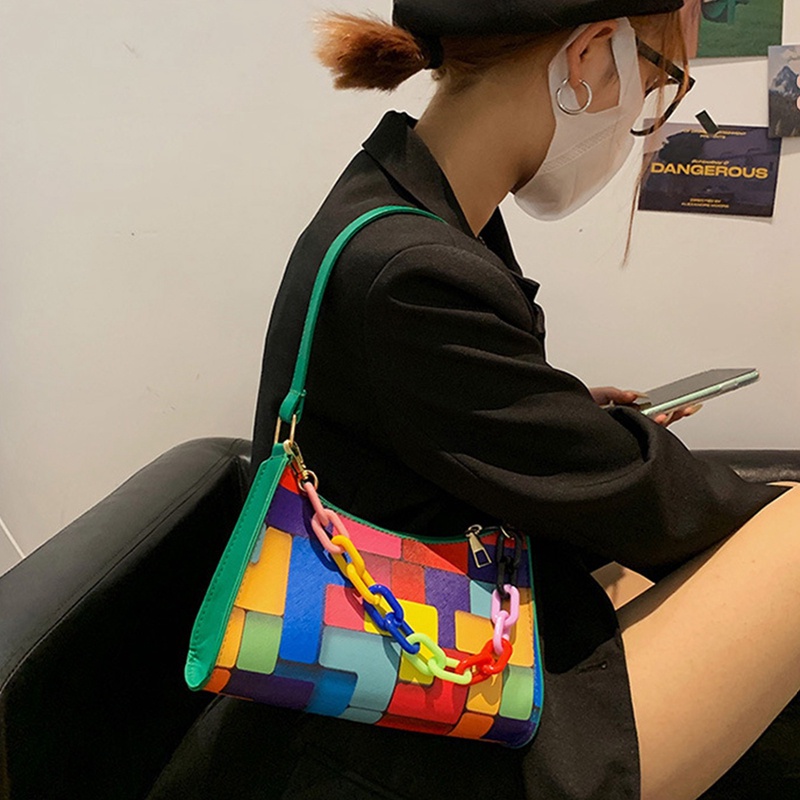 Túi Xách Kẹp Nách Phối Dây Xích Họa Tiết Sọc Ca Rô Màu Tương Phản Thời Trang