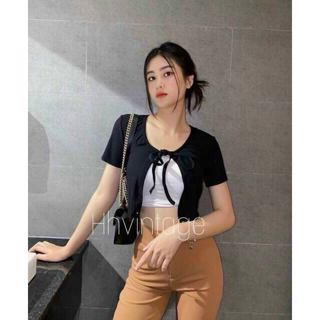 FREESHIP Áo khoác ngoài kimono tay ngắn kiểu buộc dây trước ngực sexy chất thun gân mềm mịn áo kiểu nữ