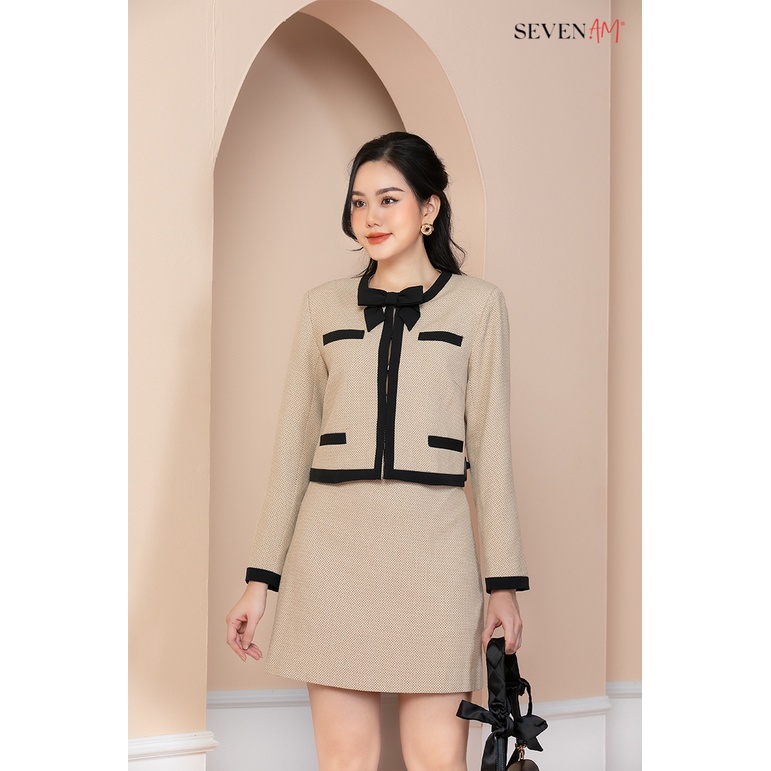 Áo Lửng Tay Dài Seven.AM Thô Be Chấm Bi Cổ Tròn Nơ Cổ Mã O331016C &amp; Chân Váy Juyp Dáng A Màu Be Mã O700009C