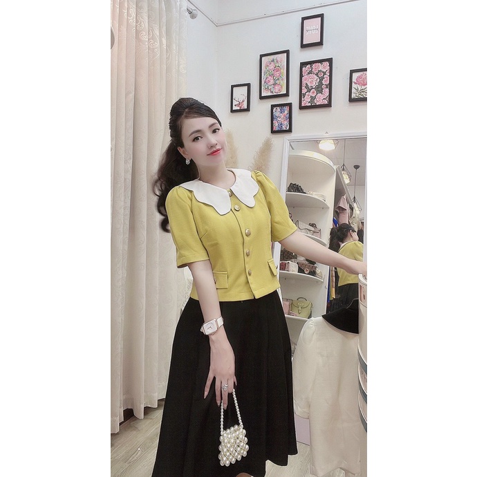 Áo dạ tweed công sở lửng mỏng tay bồng phối cổ lượn sóng H168
