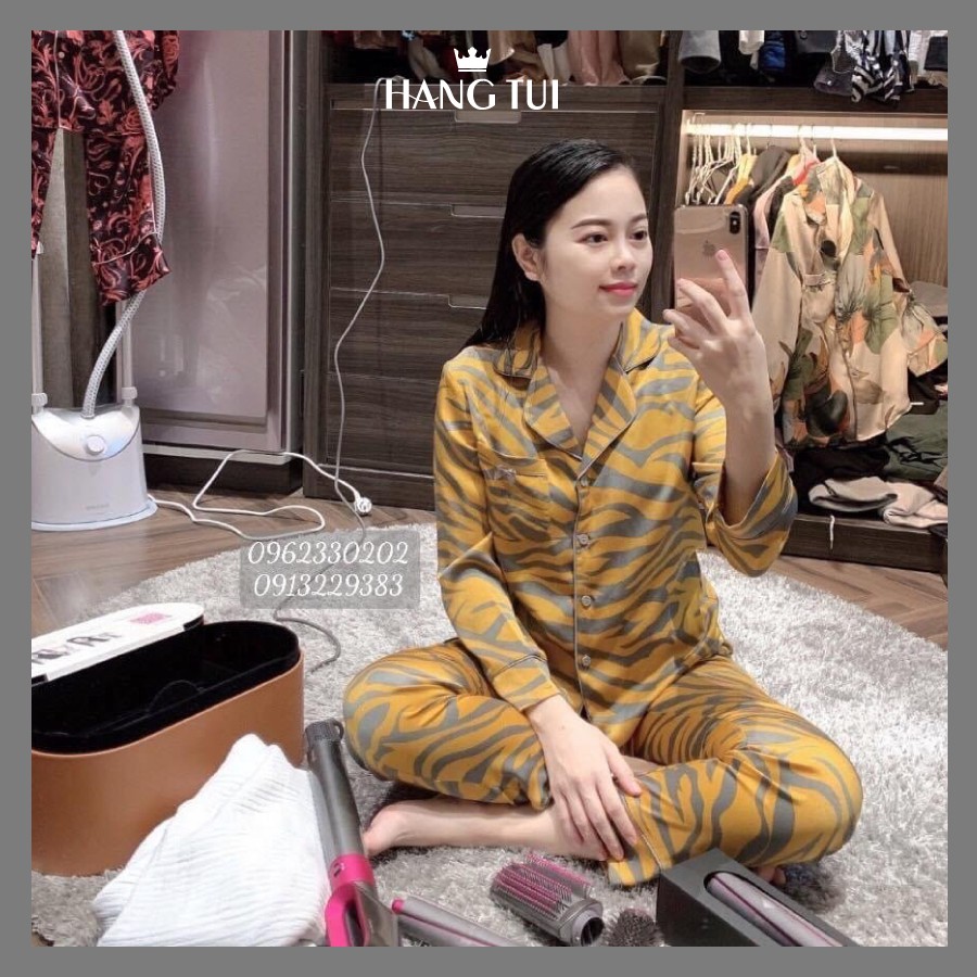 Bộ lụa Pijama họa tiết vàng - Bộ lụa áo dài tay quần dài cao cấp - Đồ bộ pijama - Bộ lụa ngủ