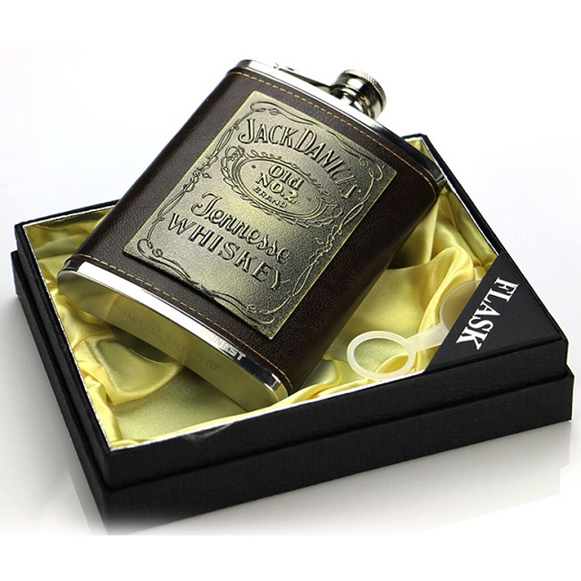 Bình rượu inox Honest 8oz bỏ túi, vỏ bọc da logo Jack Da.niel's