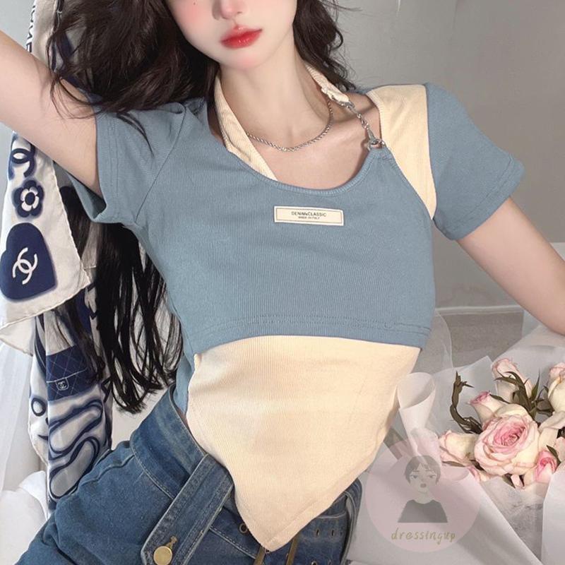 Áo Thun Tay Ngắn Cổ Yếm Màu Sắc Tương Phản Thời Trang Mùa Hè Dành Cho Nữ