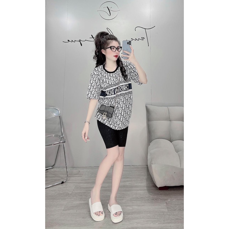 Bộ lửng mặc nhà cho nữ, áo thun cotton in, quần borip dày dăn, form rộng, mặc thoải mái