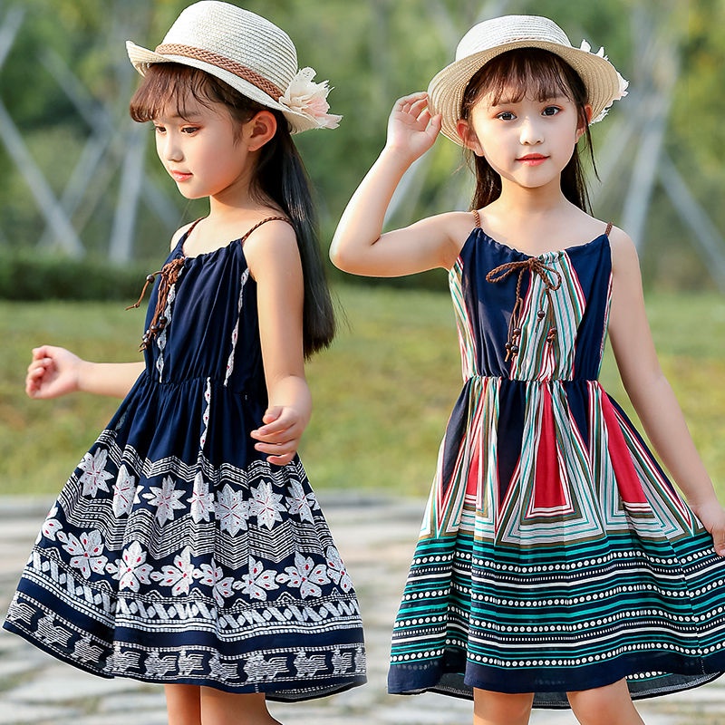 Summer new girl's print dress little girl's foreign style suspender skirt Korean children's skirt