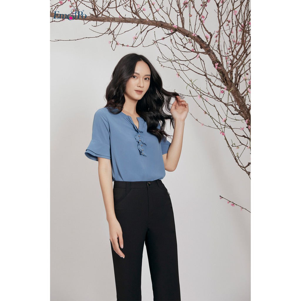 Áo sơ mi cổ tròn xẻ V, trang trí bèo nhúm Emspo SMS2431 (Xanh, Trắng)