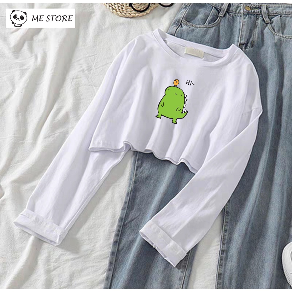 Áo thun tay dài thu đông croptop in hình khủng long xanh Ulzzang form rộng dáng rộng chất liệu 100% cotton