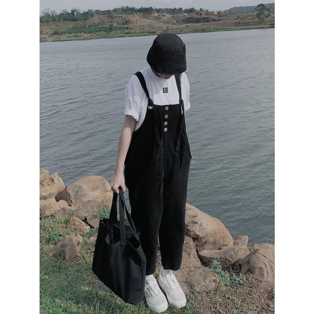 Quần Yếm Nữ Ống Rộng Kaki Trơn Màu Be Và Màu Đen Yếm Quần Dài Phong Cách Hàn Quốc Có Túi Trước AMOUR 7174 Gous Official