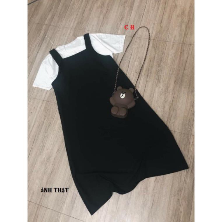  SÉT VÁY YẾM 2 DÂY SUÔNG DÀI QUA GỐI KÈM ÁO PHÔNG TRẮNG 🎀 SÉT ÁO THUN YẾM ULZZANG CÁ TÍNH UNISEX