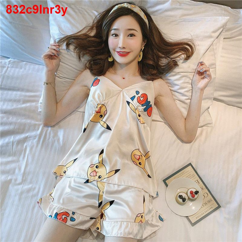 đồ ngủIce silk pyjama nữ mùa hè địu mỏng Hàn Quốc phần dễ thương mô phỏng sinh viên lụa gợi cảm hai mảnh cổ chữ V p
