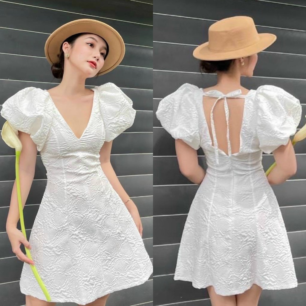 ĐẦM GẤM CỔ V TAY PHỒNG