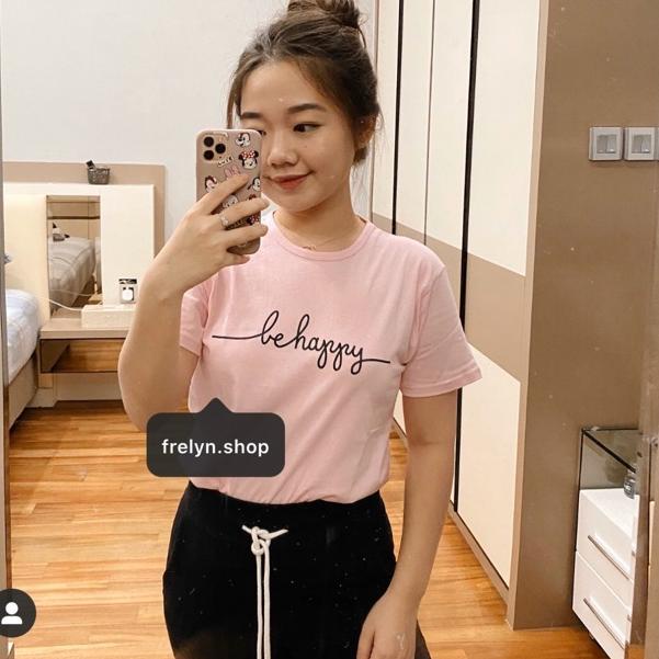 (Pct.15Ag21I) BE HAPPY OVERSIZE PINK trắng đen vàng | Áo thun đen in hình BERSHKA TSHIRT