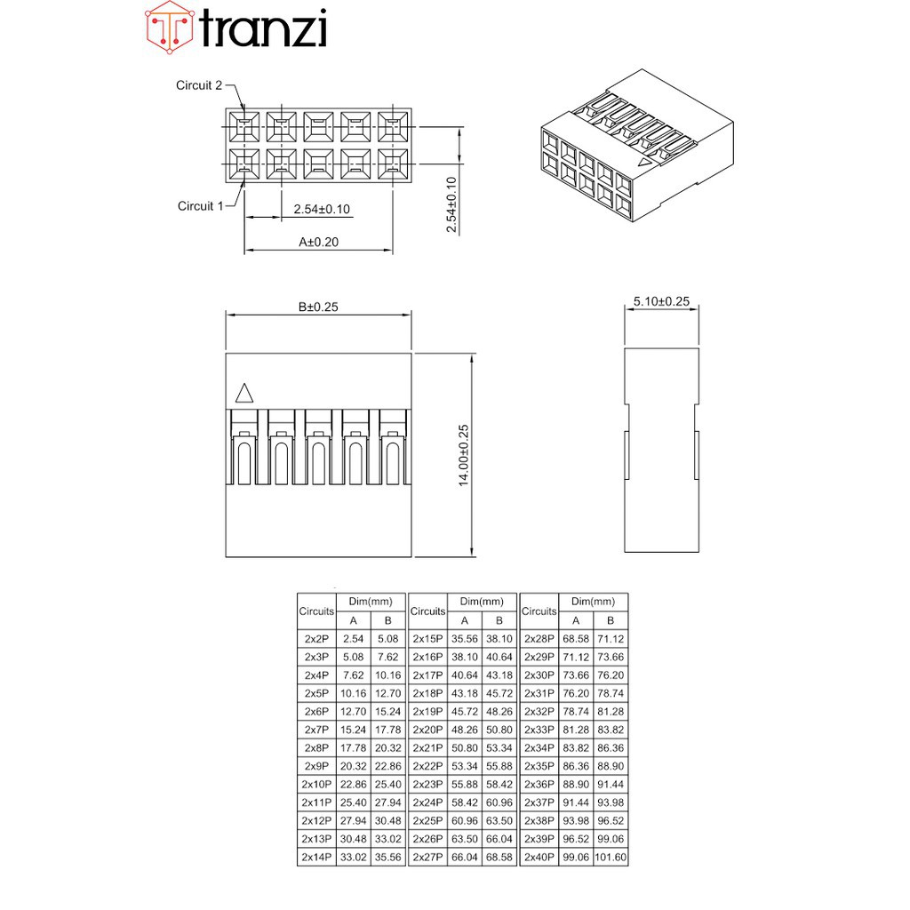 Vỏ header 2.54mm dupont 2x2P 2x3P 2x4P 2x5P 2x6P 2x7P 2x8P 2x9P 2x10P 2x13P 2x15P 2x16P 2x20P 14mm đen