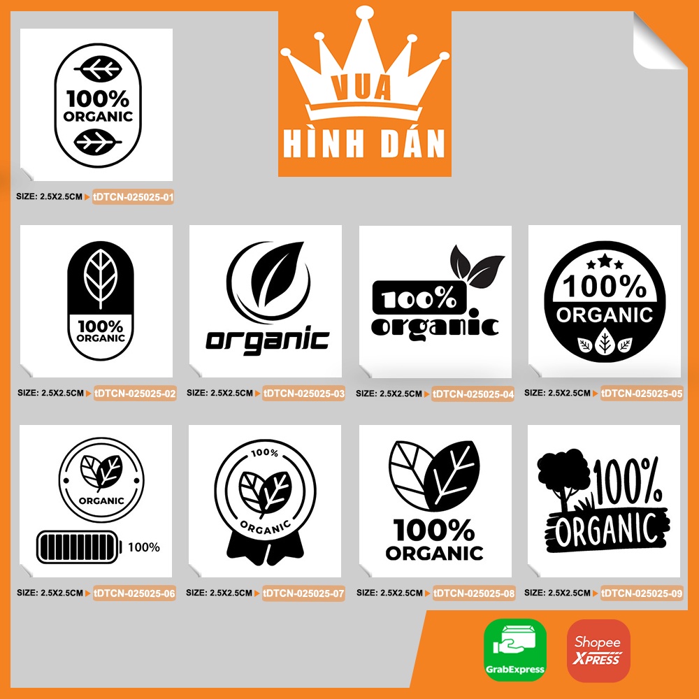 Set 100/200 sticker 100% ORGANIC (2.5x2.5cm) tem THỰC PHẨM HỮU CƠ dán lên túi / hộp đựng sản phẩm, dành cho shop (1.083)