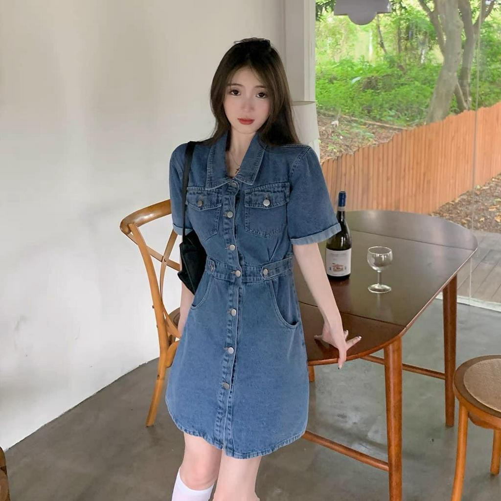 Váy jean nũ cổ đức dáng xòe chữ A phối cạp eo chất bò dày dặn, Jum đầm trơn ngắn tay ôm body phong cách ulzzang hàn quốc