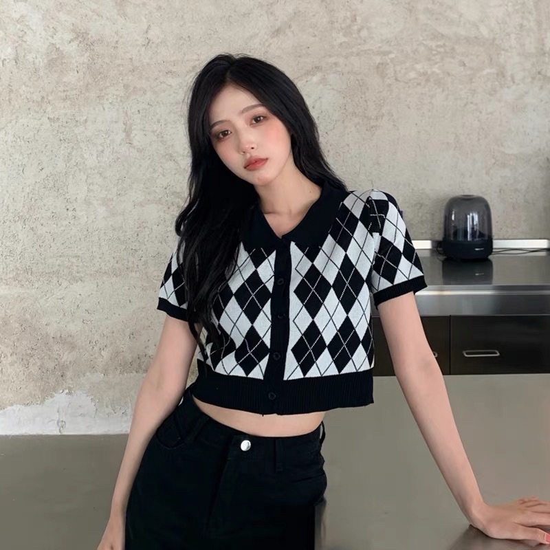 Áo Polo Croptop Kẻ Kim Cương Nữ Hot Trend