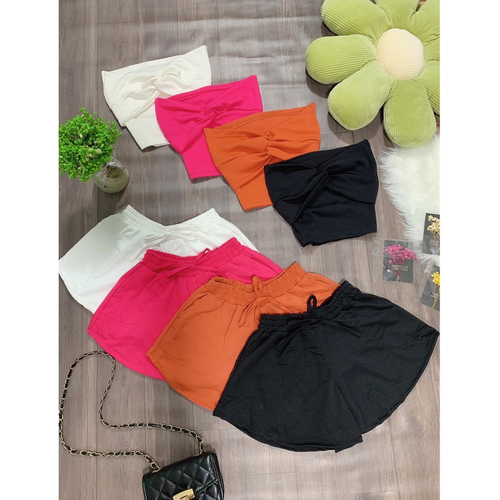 Sét bộ áo ống xoắn ngực phối quần đùi xòe cực hot , chất thun gân dày dặn